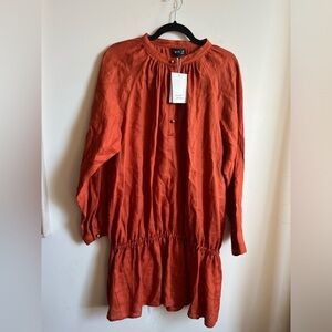NWT Agnes B. paris 100% Linen Burnt Orange Long Sleeve Dress 10 US/ 42 EU